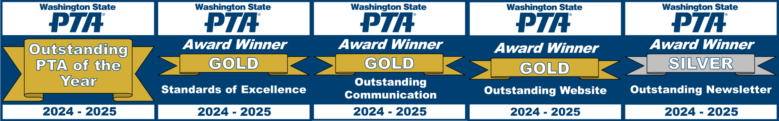 Washington State PTA Award Winner 2024-2025: 
Outstanding PTA of the Year
GOLD - Standards of Excellence
GOLD - Outstanding Communication Strategy
GOLD - Outstanding Website
SILVER - Outstanding Newsletter